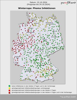 Karte von Deutschland zeigt Phoma-Infektionen bei Winterraps mit farbigen Punkten: keine, günstige und optimale Infektionsbedingungen in verschiedenen Regionen. (automatisch generiert durch KI)