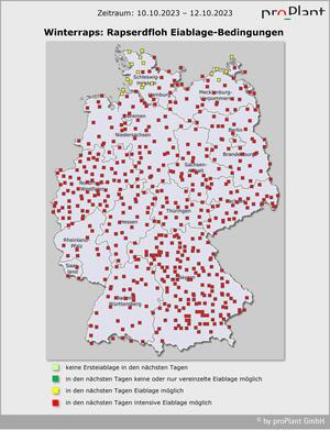 Karte von Deutschland zeigt Rapserdfloh Eiablage-Bedingungen für den Zeitraum 10.10.2023 bis 12.10.2023 mit farbcodierten Regionen. (automatisch generiert durch KI)