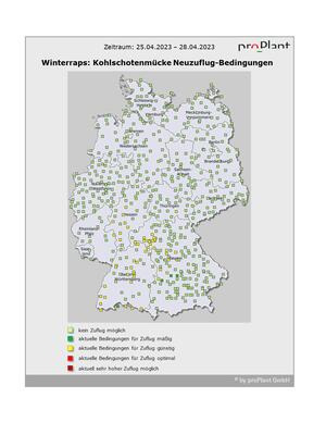 Karte von Deutschland zeigt die Verbreitung der Kohlschotenmücke im Zeitraum 25.04.2023 - 28.04.2023 mit farblichen Markierungen. (automatisch generiert durch KI)