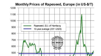 Diagramm der monatlichen Rapspreise in Europa von 2010 bis 2024 in US-Dollar pro Tonne. Die Preise schwanken stark, Höhepunkt 2021. (automatisch generiert durch KI)