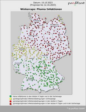 Karte von Deutschland zeigt Phoma-Infektionen in Winterraps mit farbigen Markierungen für Infektionsbedingungen in verschiedenen Regionen. (automatisch generiert durch KI)