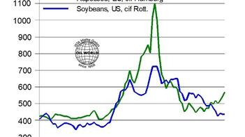 Grafik zeigt monatliche Preise von Rapssaat und Sojabohnen von 2018 bis 2024. Rapssaat steigt 2022 stark an, fällt danach. Sojabohnen schwanken moderat. (automatisch generiert durch KI)