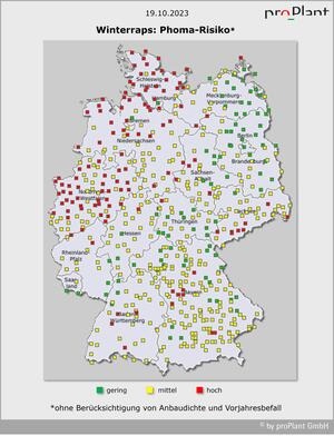Karte von Deutschland zeigt Winterraps Phoma-Risiko am 19.10.2023 mit farbigen Quadraten: grün für gering, gelb für mittel, rot für hoch. (automatisch generiert durch KI)