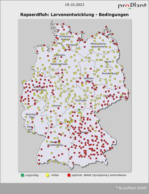 Karte von Deutschland zeigt Bedingungen für Rapserdfloh-Larvenentwicklung mit farbigen Markierungen: ungünstig, mittel, optimal. (automatisch generiert durch KI)