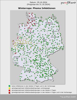Karte von Deutschland zeigt Phoma-Infektionen im Winterraps. Grüne, gelbe und rote Quadrate markieren Infektionsbedingungen in verschiedenen Regionen. (automatisch generiert durch KI)