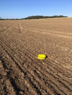 Ein gelber Eimer steht auf einem großen, gepflügten Feld unter klarem, blauem Himmel. Im Hintergrund sind Bäume sichtbar. (automatisch generiert durch KI)