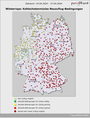 Karte von Deutschland mit farbigen Markierungen für Kohltriebinsektenflugbedingungen im April 2024. Farblegende unten links. (automatisch generiert durch KI)