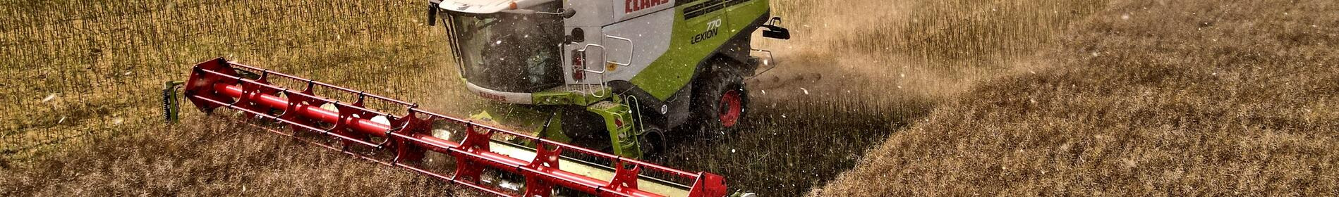 Mähdrescher erntet Getreide auf einem Feld unter bewölktem Himmel, im Hintergrund sind Bäume zu sehen. (automatisch generiert durch KI)