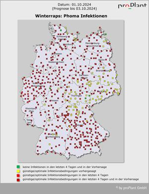 Karte von Deutschland zeigt Phoma-Infektionen bei Winterraps mit farbigen Markierungen für Infektionsbedingungen in verschiedenen Regionen. (automatisch generiert durch KI)