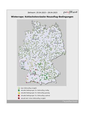 Karte von Deutschland mit farbigen Markierungen, die die Bedingungen für den Neuzuflug des Kohlschotenrüsslers im April 2023 zeigen. (automatisch generiert durch KI)