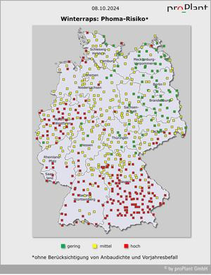 Deutschlandkarte mit Phoma-Risiko für Winterraps. Grüne, gelbe und rote Quadrate zeigen geringes, mittleres und hohes Risiko. (automatisch generiert durch KI)